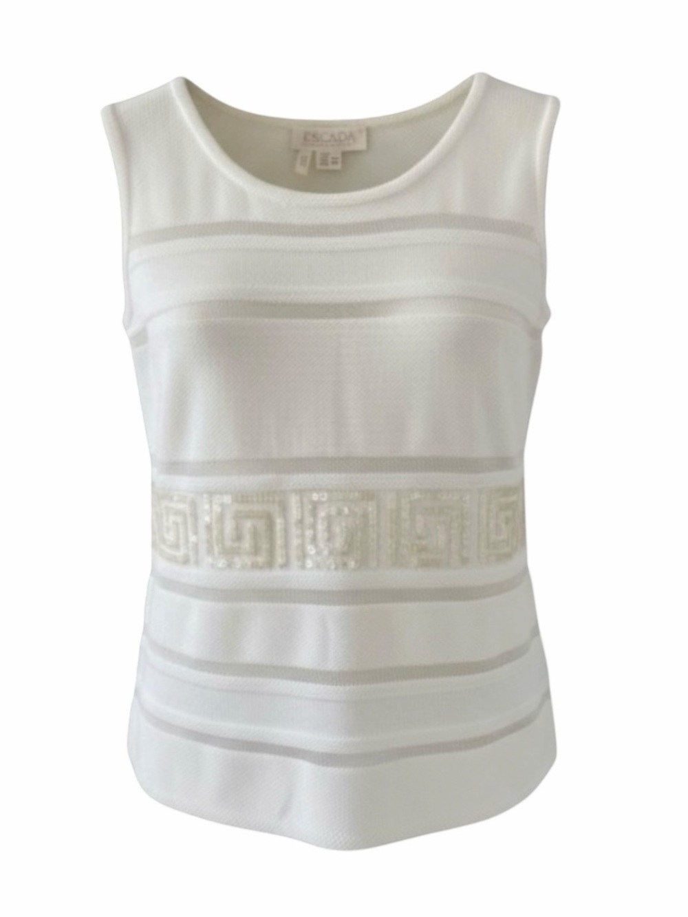 Escada Winter White Sleeveless Knit Sweater Sequined Greek Key Size Small
